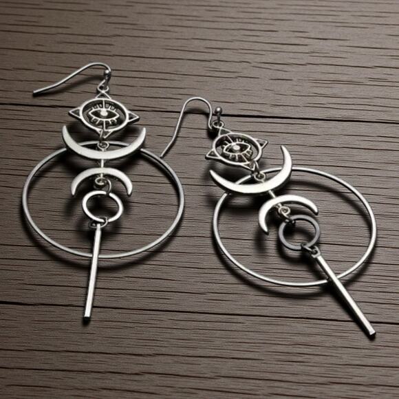 Retro Geometric Moon Earrings – Evil Eye, Crescent, Circle & Bar Design | Unique - Picture 1 of 14